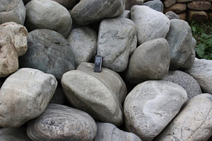 Kamenclub.ru: Речной валун Кабанчик фр.300-500 мм.  купить в Кемерово крупный природный камень галька серый, темно-серый речной валун галечник масштабный 7000 руб/т   фото КАМЕНЬ КЛУБ