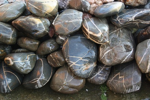 Kamenclub.ru: Валунчик Паутинник фр.100-300 мм  купить в Кемерово крупный природный камень галечник темно-серый с прожилками белый черный речной валунчик 5000 руб/т   фото КАМЕНЬ КЛУБ